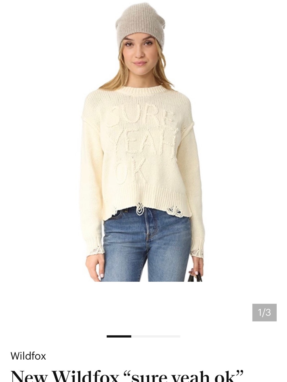Wildfox Cream Knit 'Sure Yeah Ok' Distressed Pullover